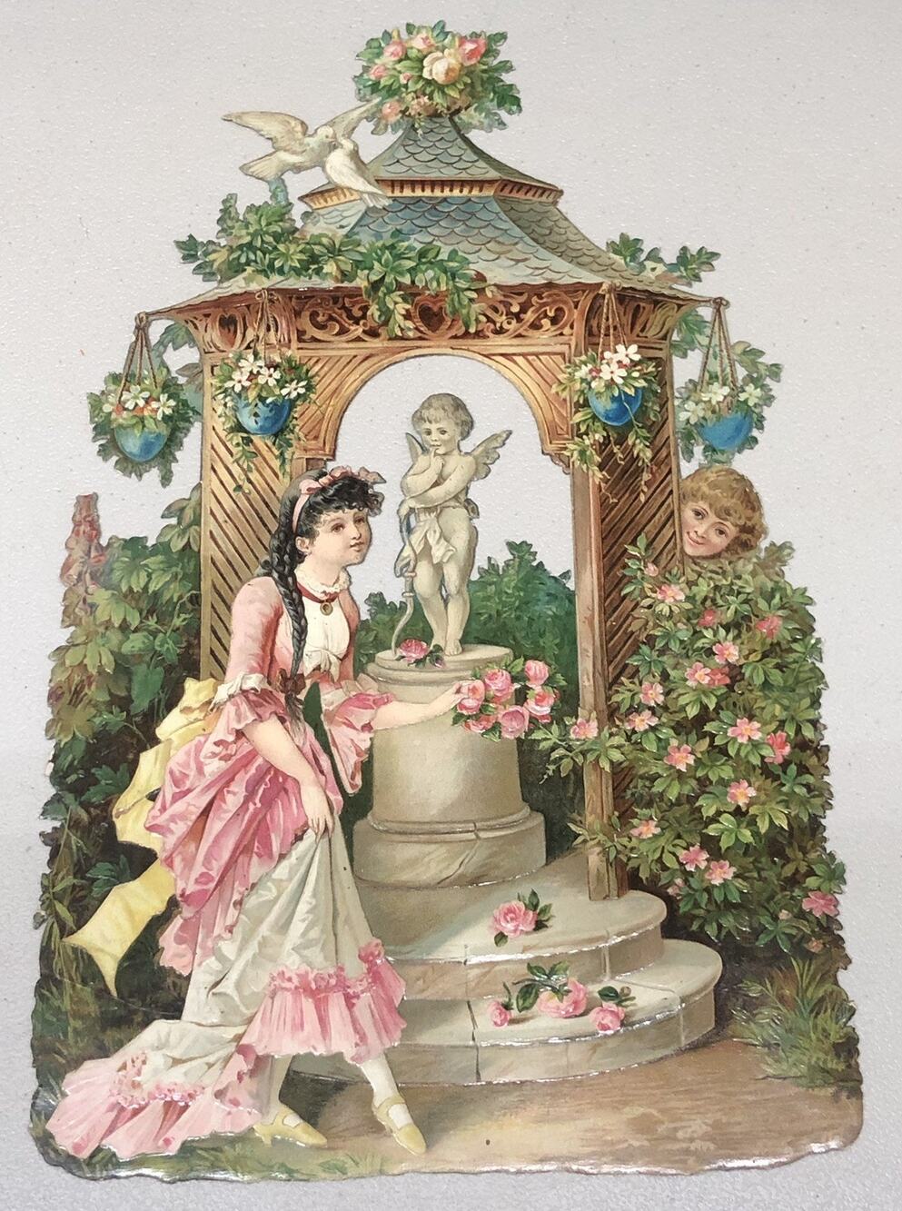 Girls Gazebo Flowers Cupid Statue Birds Victorian Die Cut Large Scrap - L17